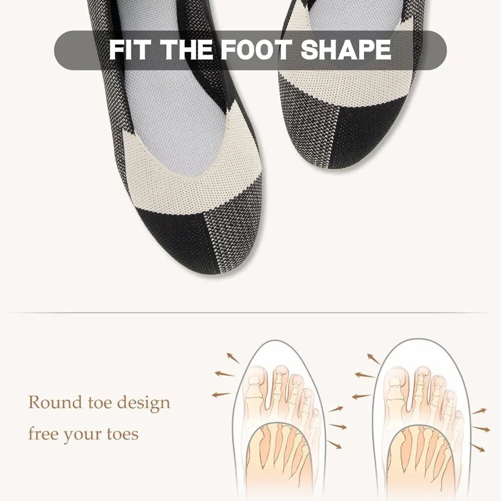 Women's Knit Ballet Black White Flats Round Toe Comfortable Dressy Casual Shoes - Picture 5 of 5